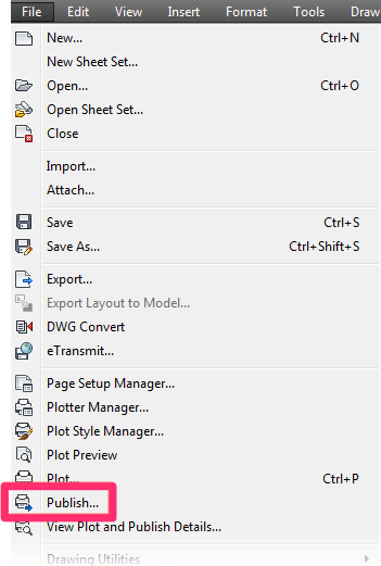 File menu, Publish option